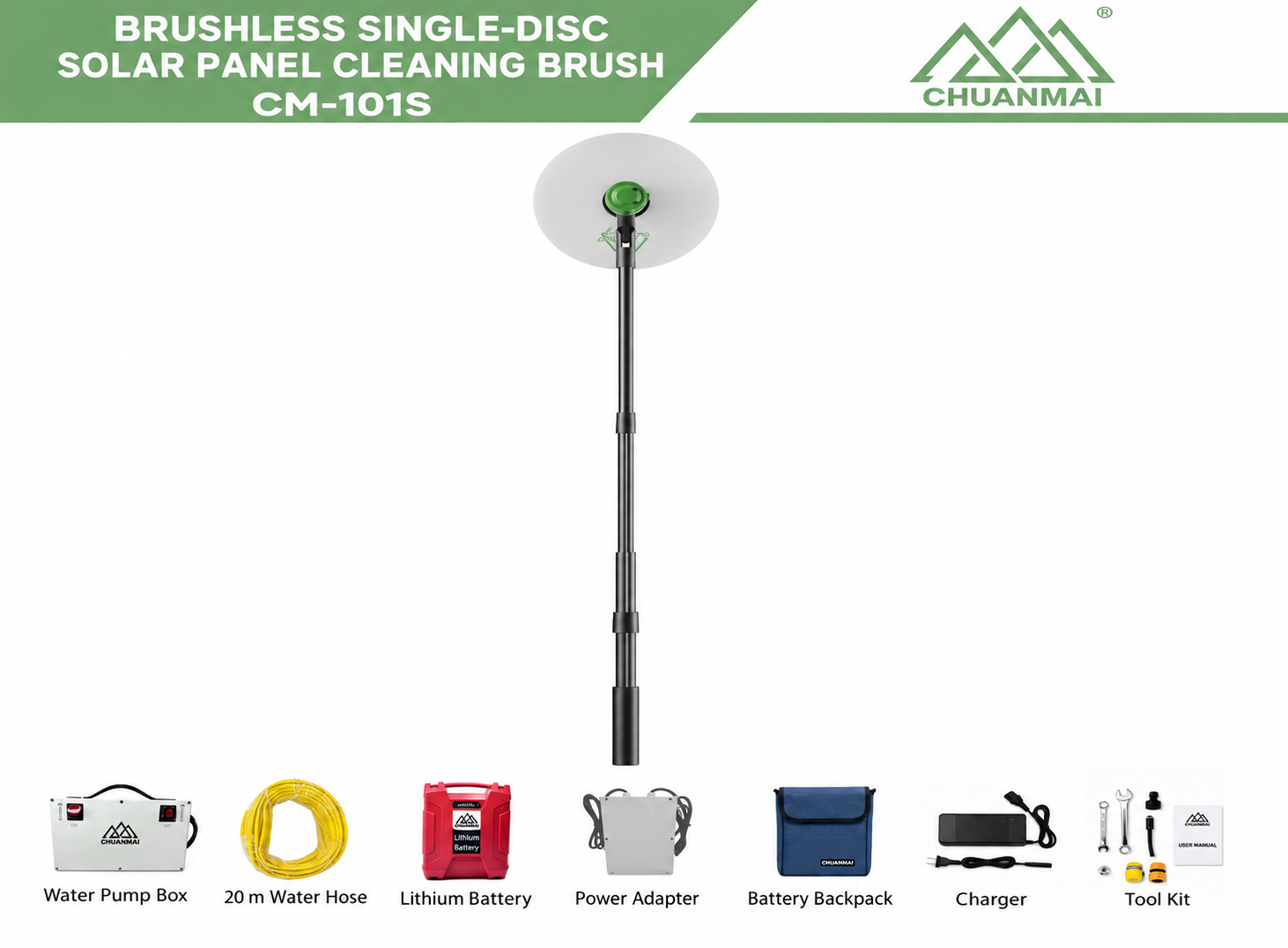 CHUANMAI CM-101S Single-disc brush with its illustrated accessory kit
