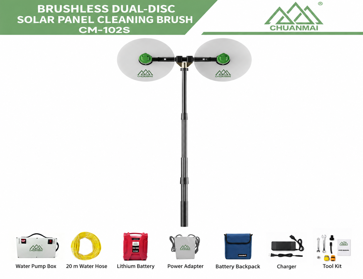 CHUANMAI CM-102S Dual-disc brush with its illustrated accessory kit